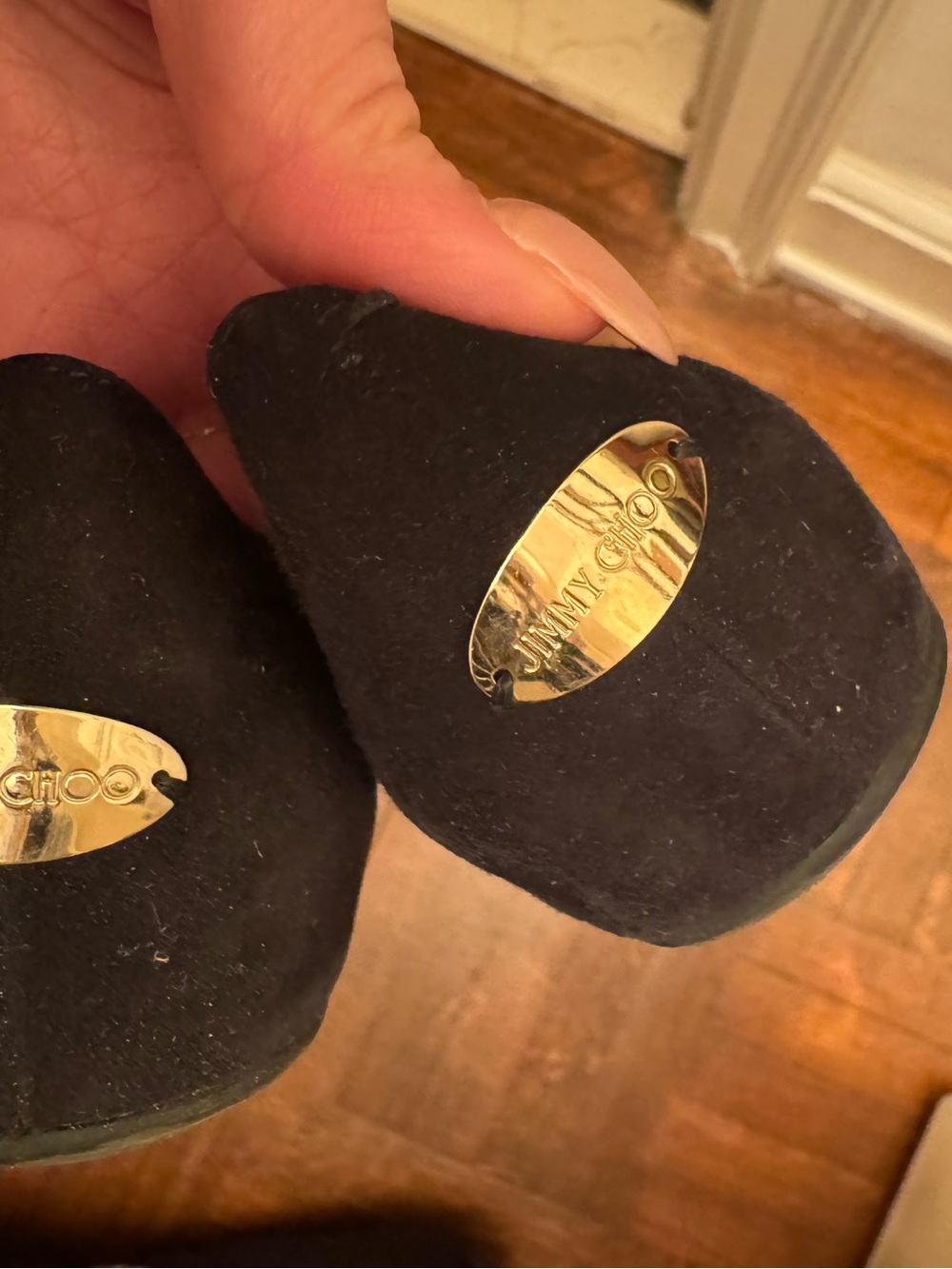 Jimmy Choo Black Suede Flats with Gold Crystal Toe Caps - Picture 3 of 6